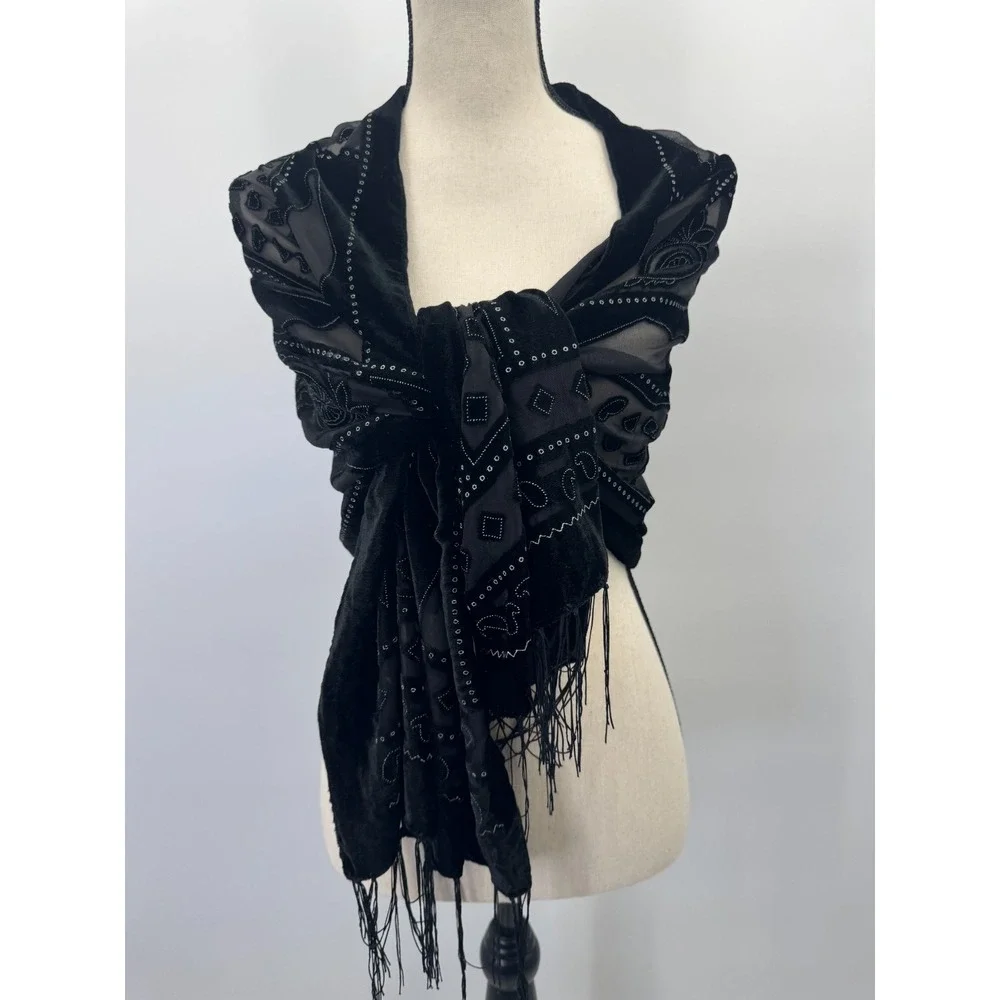 Whimsigoth Silk Velvet Burnout Scarf Shawl Wrap Dark Romantic Feminine Fringe